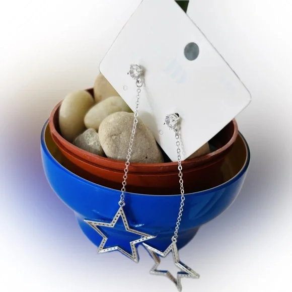 Silverplated Star Rhinestone Pendant Drop Dangle Fashion Earrings Set 2.25" - Picture 1 of 4